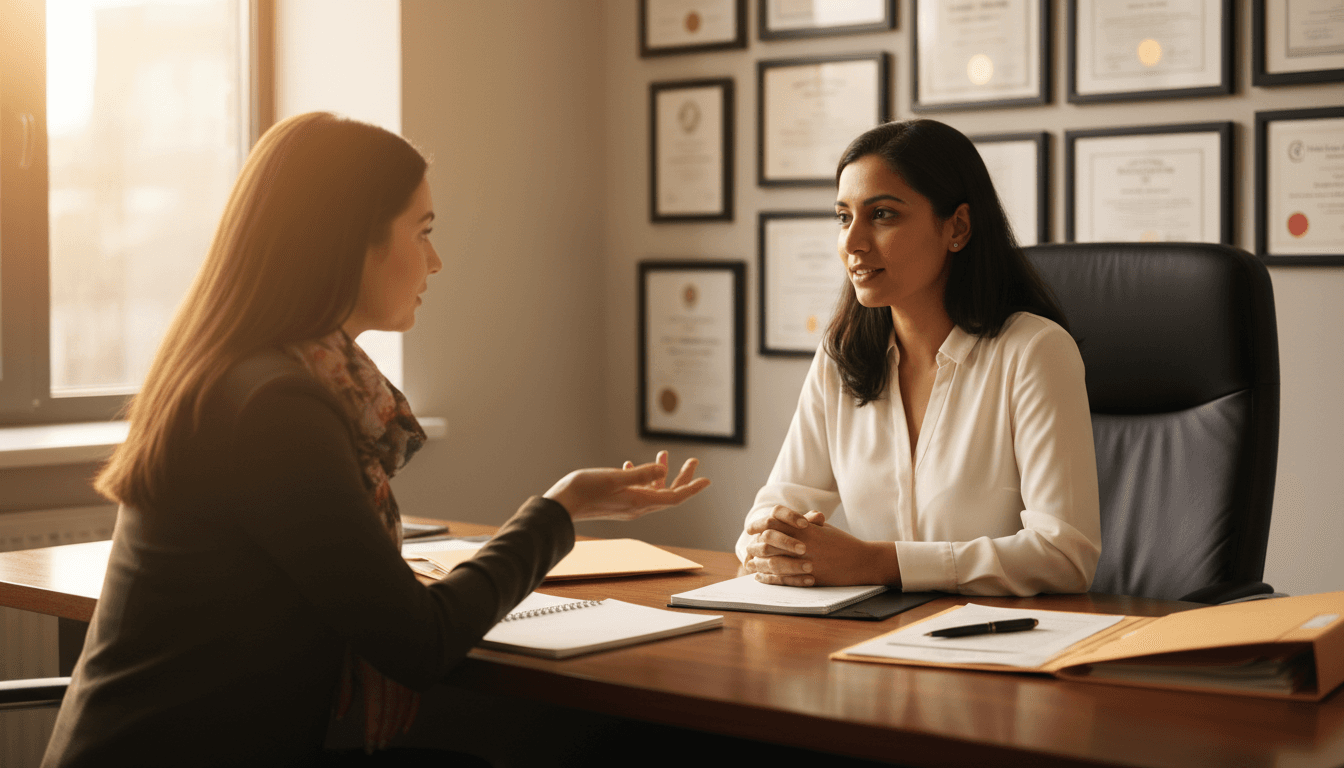 Immigration consultant reviewing documents with a client during a consultation meeting