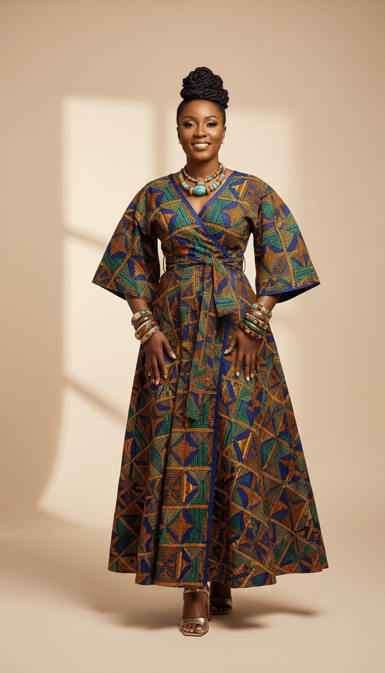Woman wearing tailored African-print dress with statement jewelry and coordinated accessories, confident pose against neutral backdrop